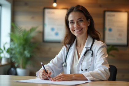Femme enceinte à la réception d'une clinique chaleureuse