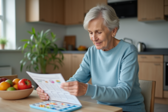 Femme d'âge moyen lisant un organisateur de pilules à la maison