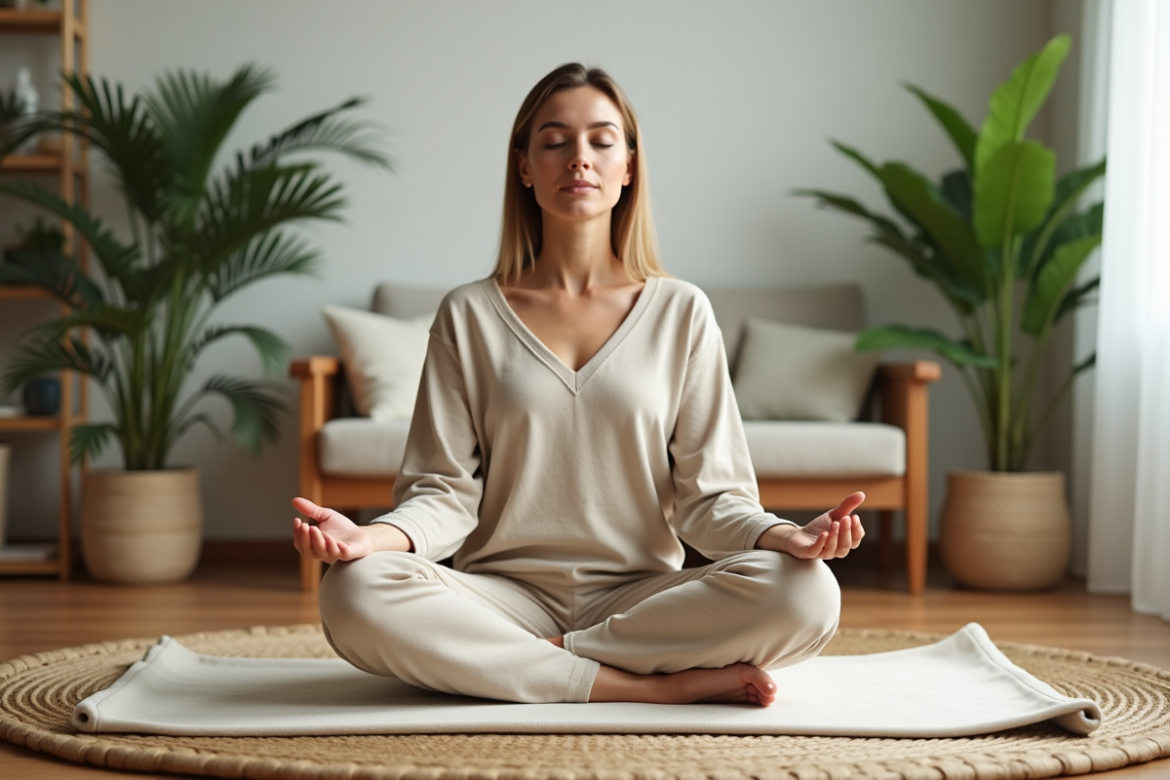 Femme méditant assise dans un salon calme et lumineux