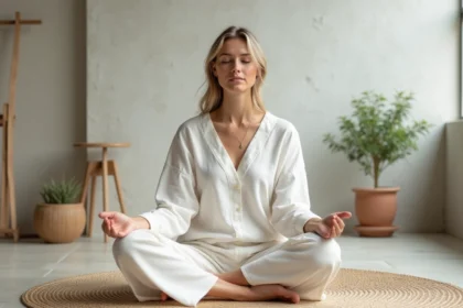 Femme méditant en intérieur minimaliste et apaisant