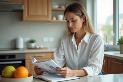 Femme méditerranéenne lisant un livre d'anatomie dans la cuisine