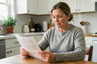 Femme d'une cinquantaine d'années lisant une notice médicale à propos d'un traitement hormonal à la table de sa cuisine