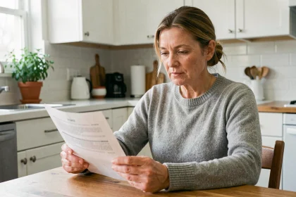 Femme d'une cinquantaine d'années lisant une notice médicale à propos d'un traitement hormonal à la table de sa cuisine