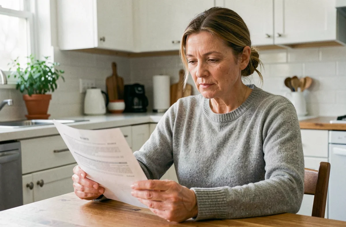Femme d'une cinquantaine d'années lisant une notice médicale à propos d'un traitement hormonal à la table de sa cuisine