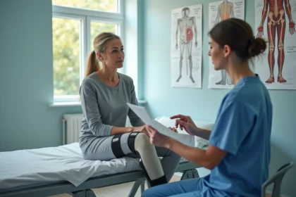Femme en rééducation assise sur une table d'examen orthopedique