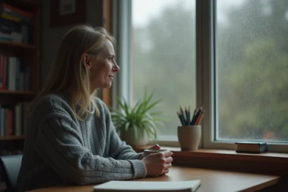Femme pensive assise seule à un bureau en bois, tenant une tasse, symbolisant la réflexion intérieure et la libération émotionnelle après une relation narcissique