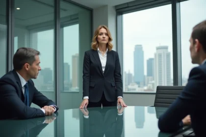 Femme au comportement dominant lors d'une réunion professionnelle, illustrant les dynamiques toxiques au travail