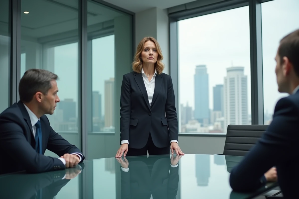 Femme au comportement dominant lors d'une réunion professionnelle, illustrant les dynamiques toxiques au travail