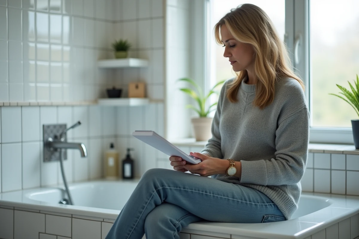Femme en réflexion dans sa salle de bain moderne