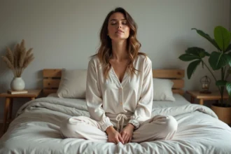 Femme détendue assise sur le lit dans une chambre moderne