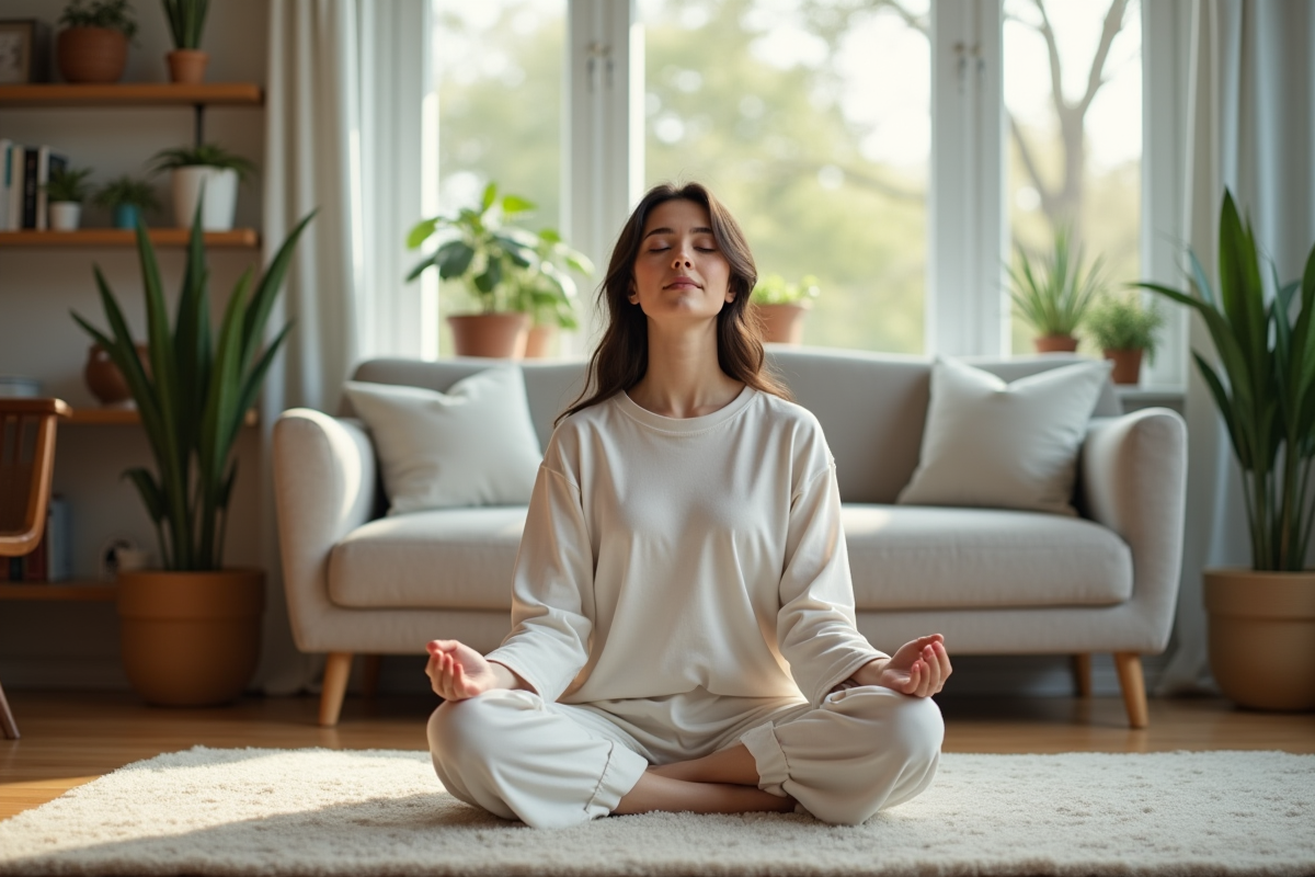 Jeune femme assise en méditation dans un salon cosy