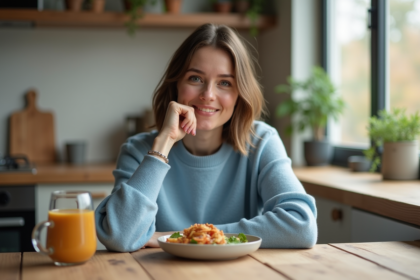 Femme en cuisine dégustant un repas calme et naturel