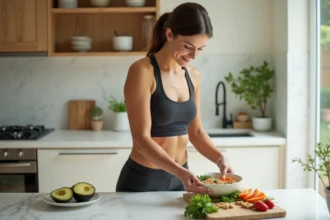 Femme préparant un repas sain et équilibré dans une cuisine moderne pour perdre du poids en une semaine