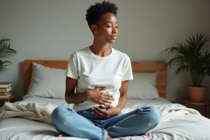 Femme assise sur le lit en posture de bien-être