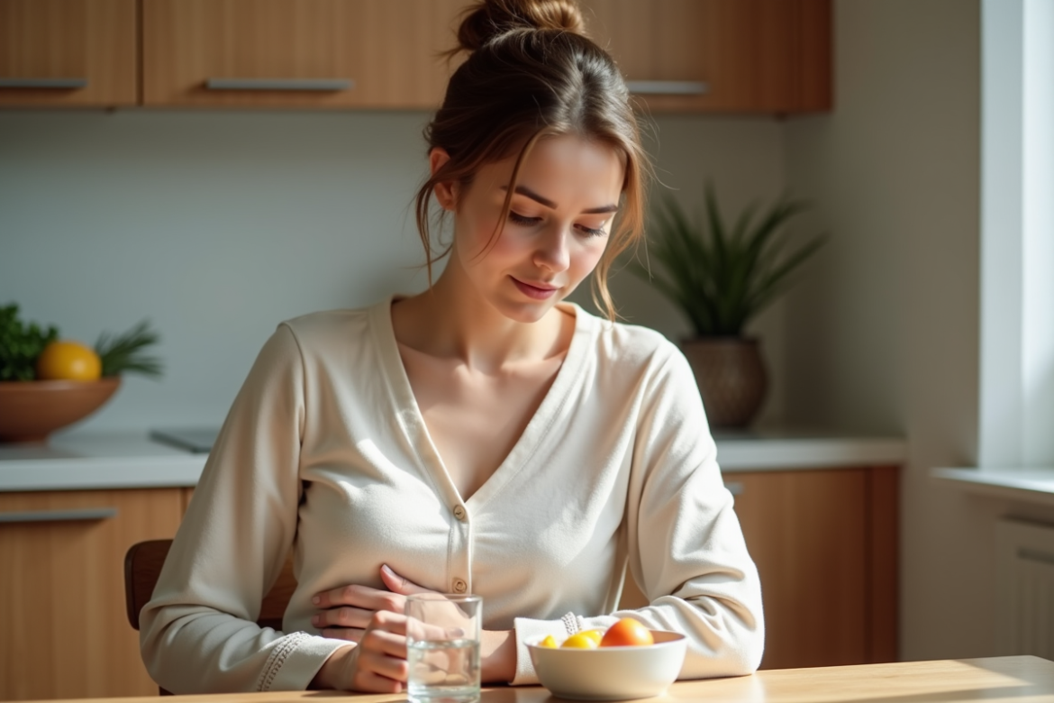Femme détendue dans sa cuisine avec fruits et eau