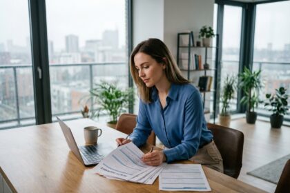 Jeune femme examine documents santé dans son appartement