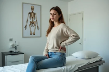 Femme assise en salle de telemedecine avec expression d'inconfort
