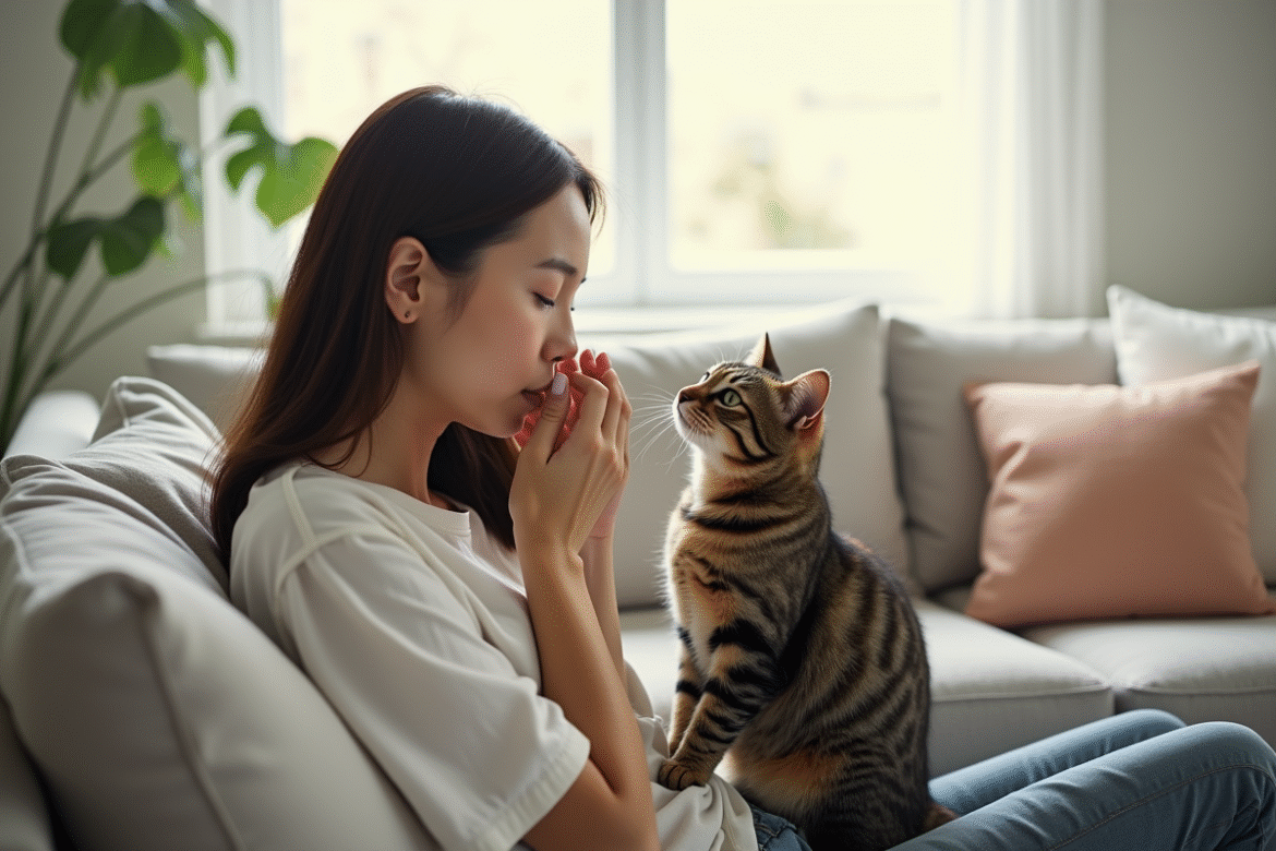 Jeune femme assise avec un chat tabby dans un salon lumineux