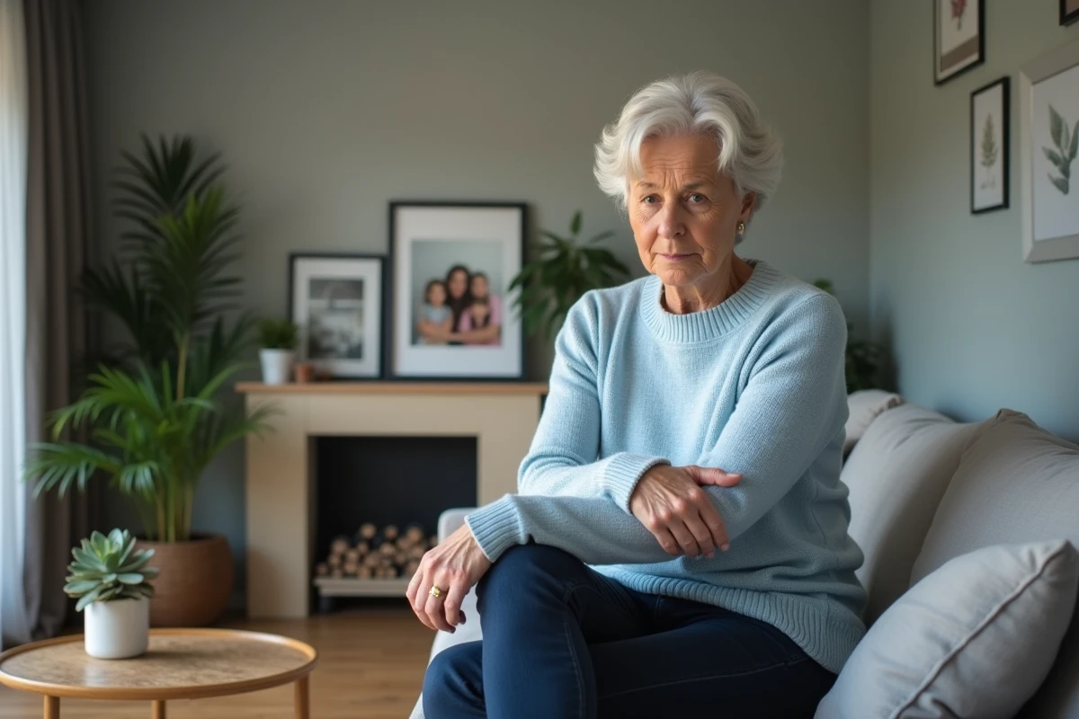 Femme d'environ 50 ans assise sur un canapé moderne dans un salon accueillant