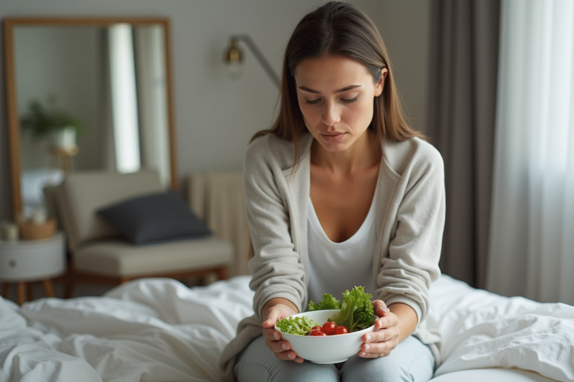Femme pensant avec salade dans la main dans une chambre moderne