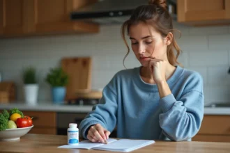 Femme lisant une étiquette de supplément omega 369 dans la cuisine