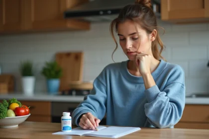 Femme lisant une étiquette de supplément omega 369 dans la cuisine