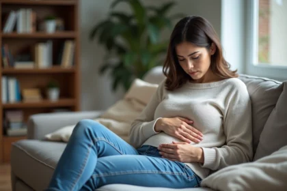 Femme assise sur un canapé dans un salon organisé