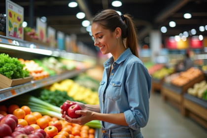 Femme choisissant des fruits et légumes frais au supermarche
