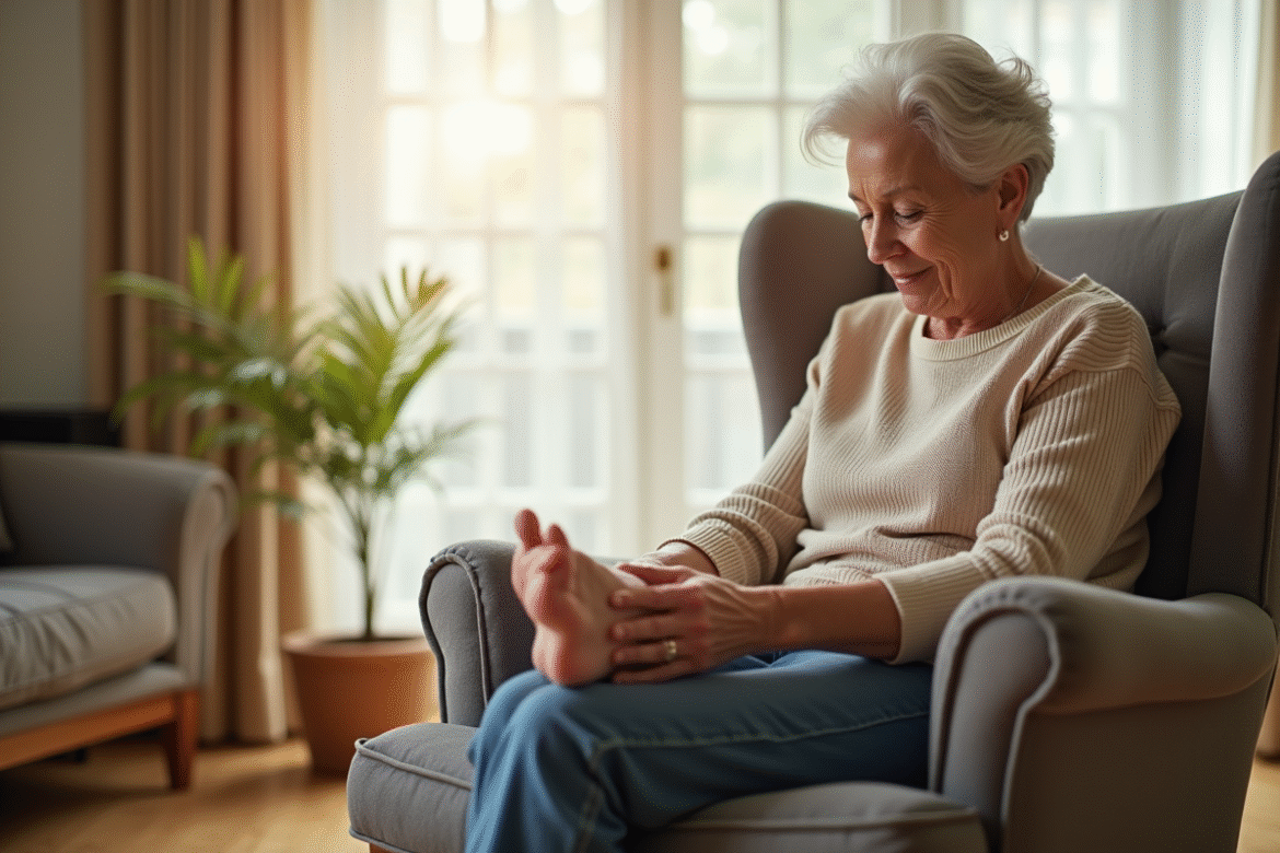 Femme senior assise sur un fauteuil massage ses pieds dans un salon lumineux