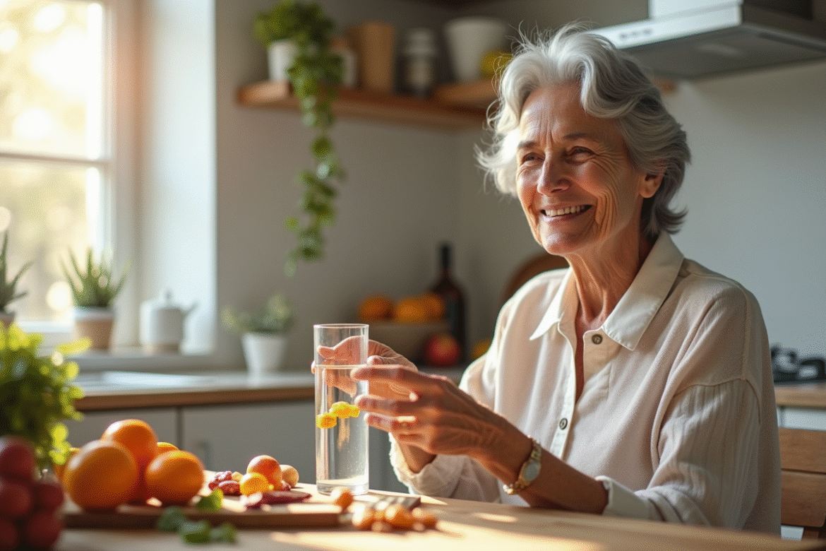 Femme senior souriante avec eau de gloe et compléments