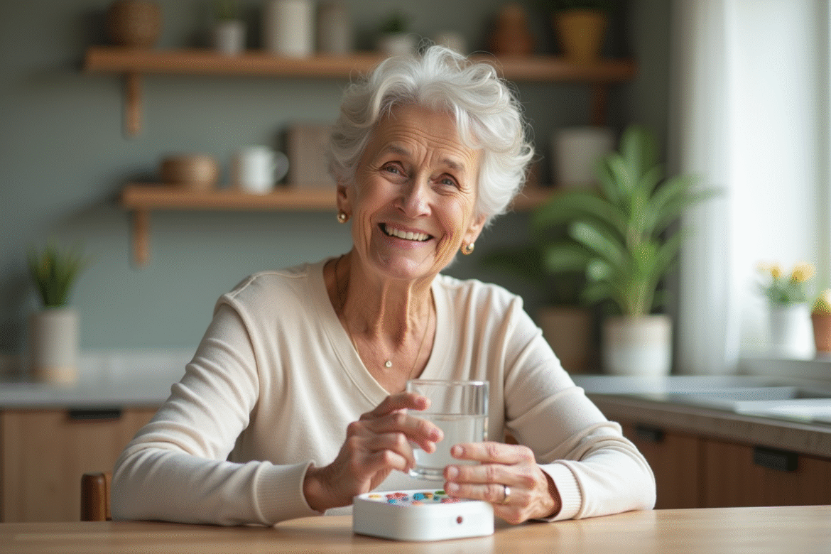 Femme senior souriante prenant ses vitamines au matin