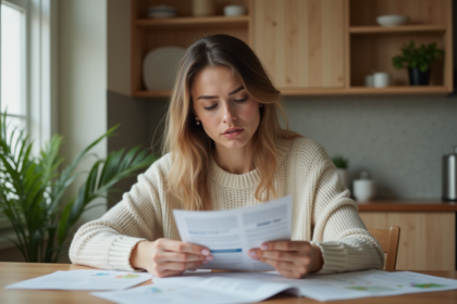 Femme lisant brochure sur la sante digestive dans la cuisine
