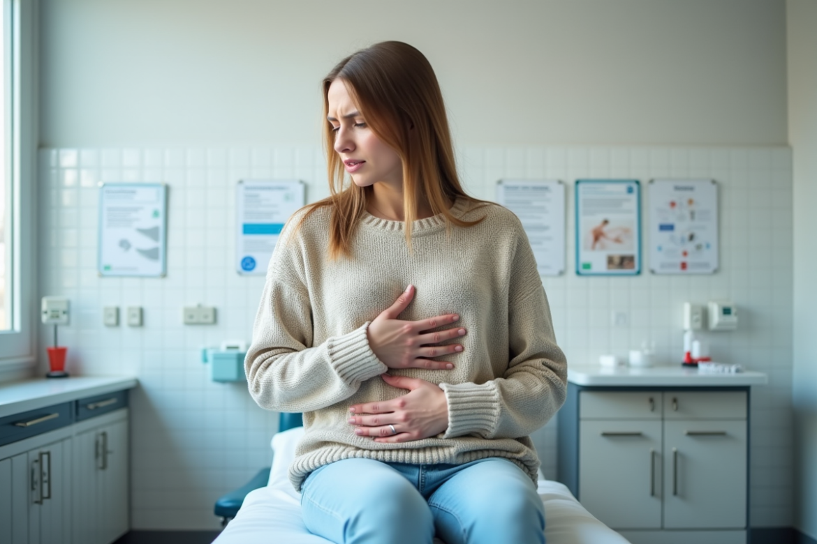 Femme en consultation médicale avec douleur abdominale