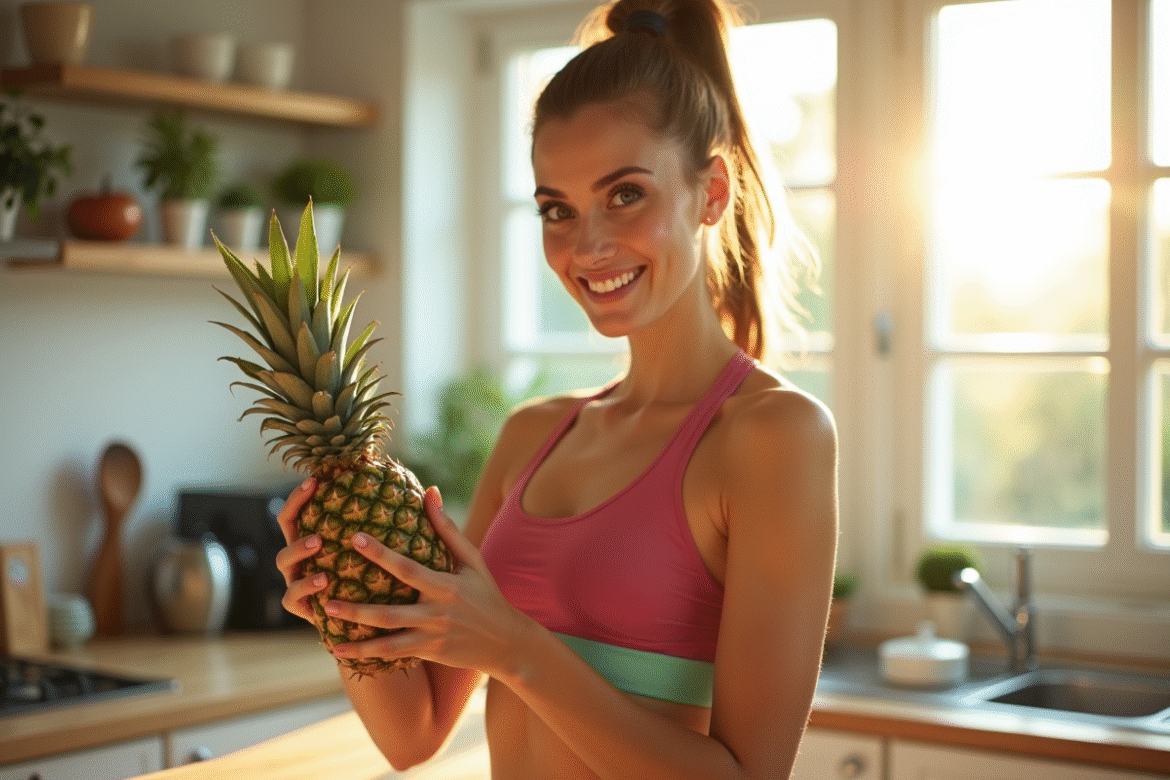 Femme sportive avec ananas dans une cuisine lumineuse
