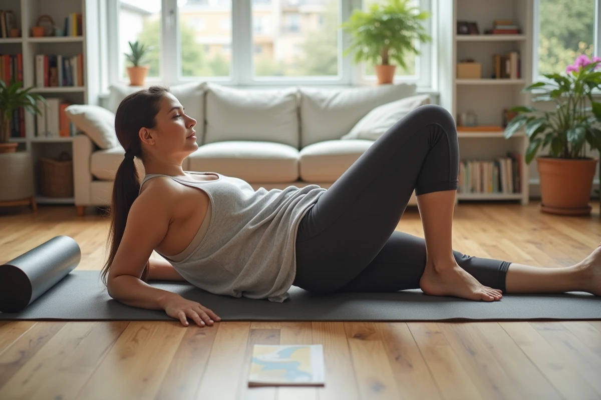 Femme en surpoids pratiquant des étirements de hanche à domicile pour soulager la douleur de coxisse