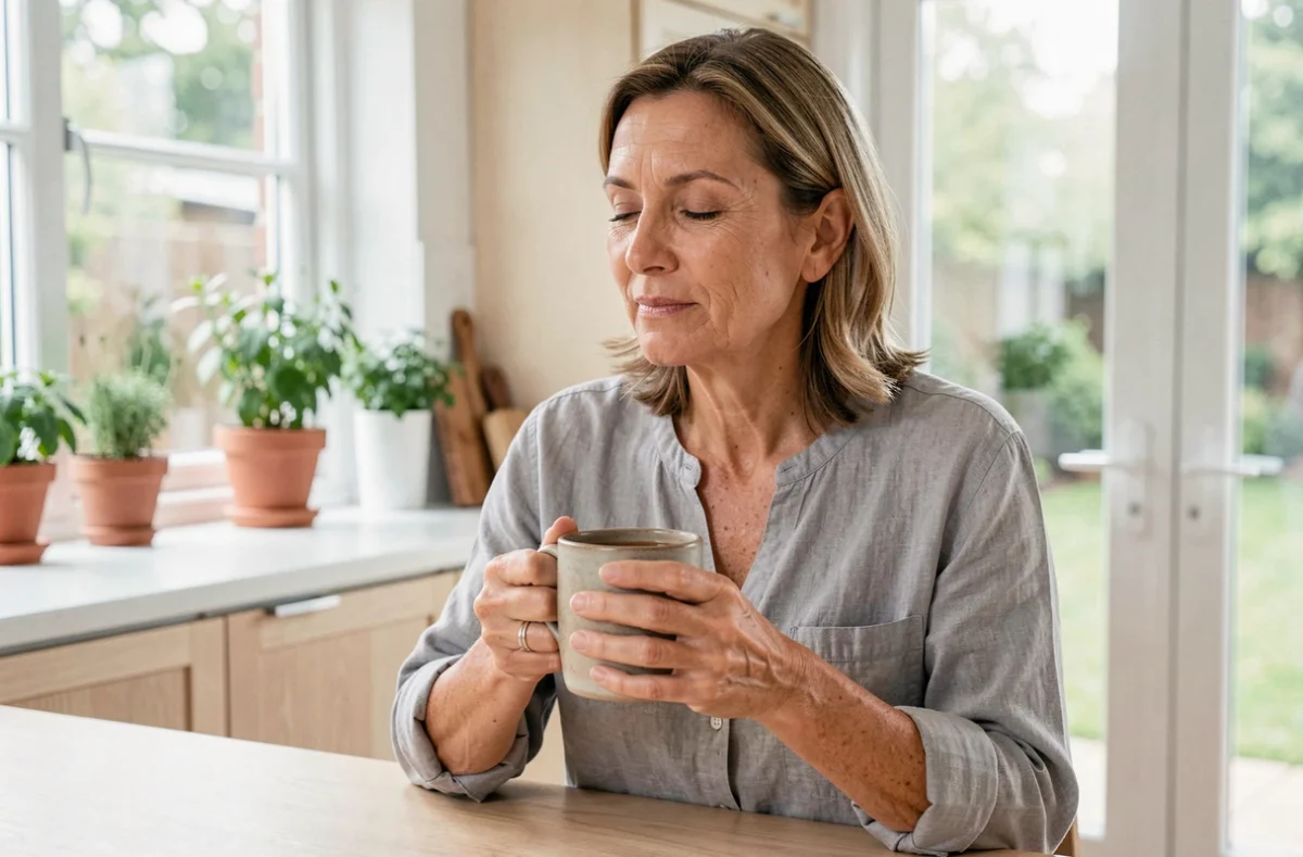 Femme mature tenant une tasse de rooibos les yeux fermés dans une cuisine moderne, évoquant les effets relaxants et cardioprotecteurs de la tisane