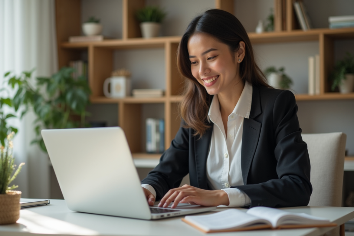 Jeune femme professionnelle souriante sur son ordinateur dans un bureau moderne