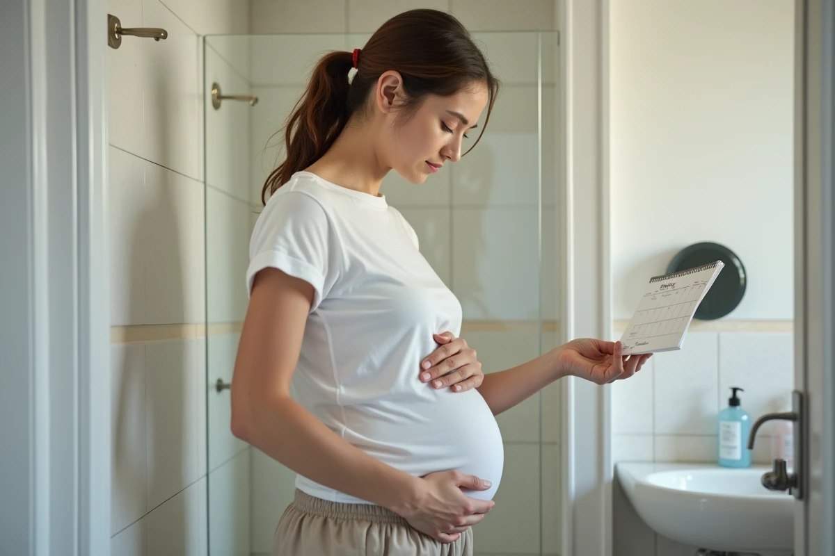 Jeune femme vérifiant un calendrier dans une salle de bain moderne