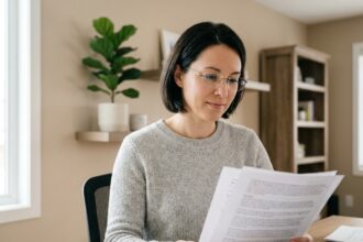 Femme portant des verres de qualité chez Optique des Fêtes, lisant confortablement à son bureau à domicile