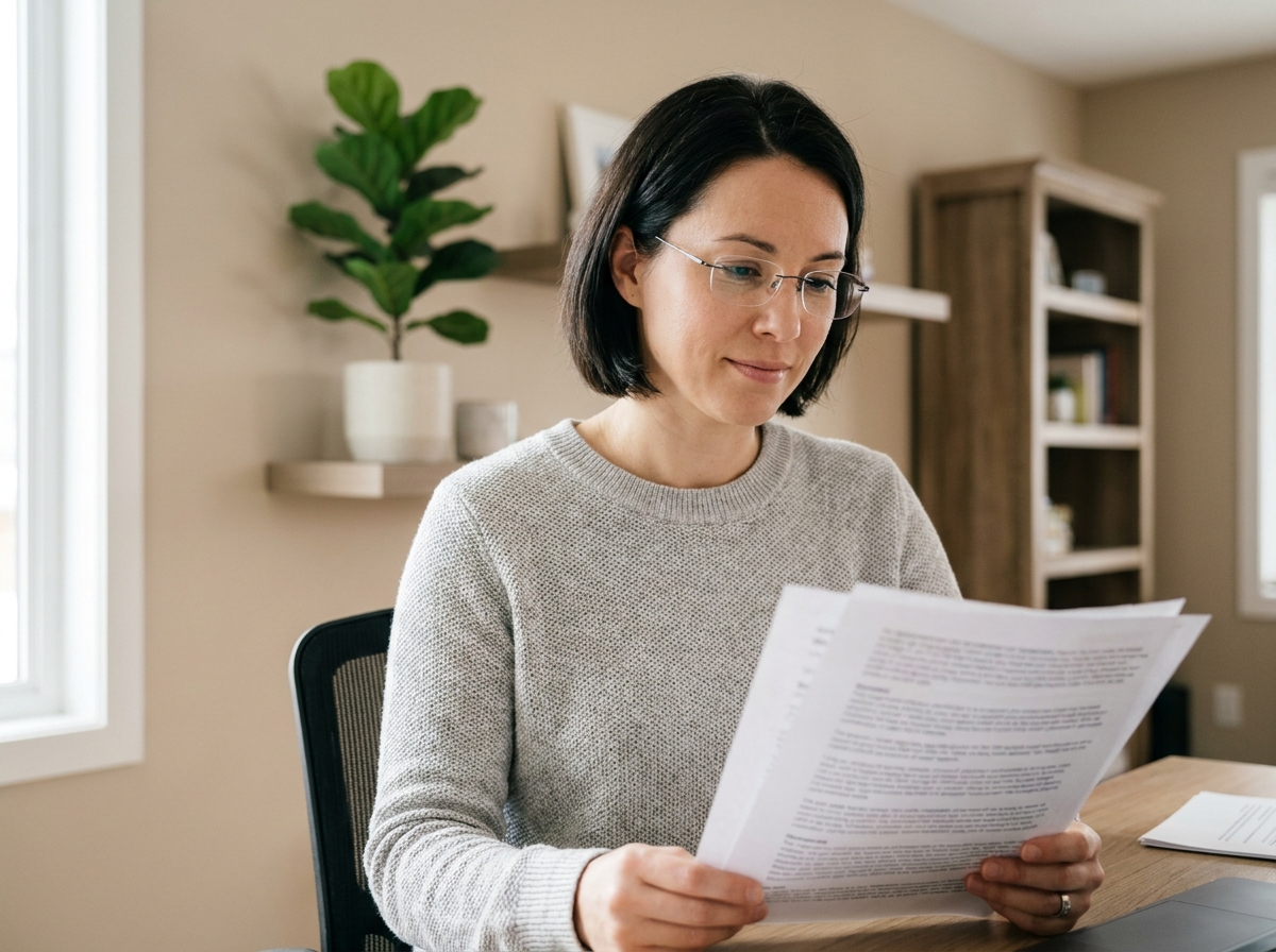 Femme portant des verres de qualité chez Optique des Fêtes, lisant confortablement à son bureau à domicile