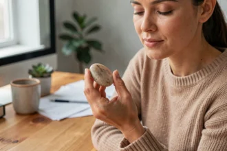 Femme tenant un worry stone entre les doigts à son bureau en bois, moment de relaxation et de concentration au travail