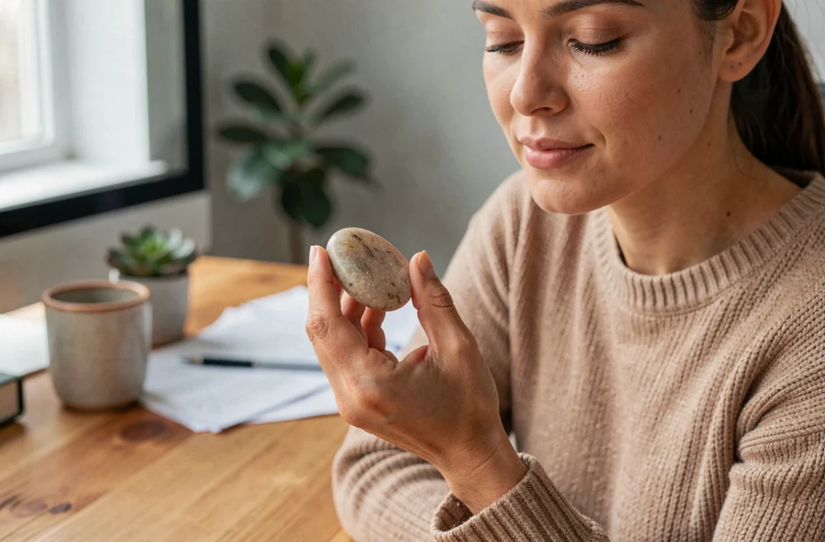 Femme tenant un worry stone entre les doigts à son bureau en bois, moment de relaxation et de concentration au travail