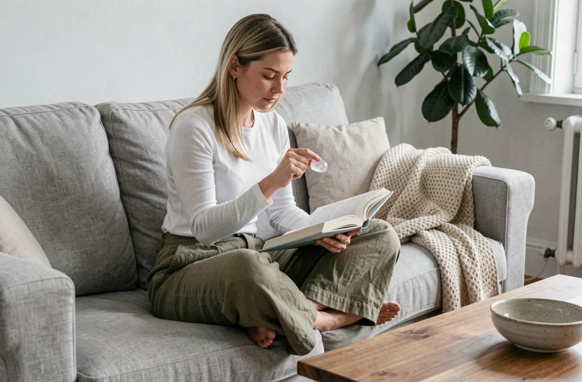 Femme assise sur un canapé tenant un worry stone en quartz rose pendant sa lecture, moment de détente à la maison