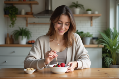 Jeune femme préparant un bol de yaourt aux fruits