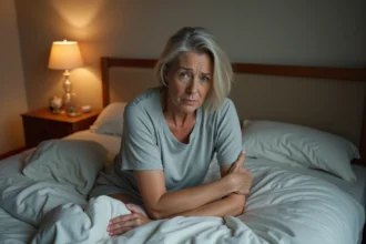 Femme d'âge mûr assise dans son lit la nuit, se frottant le bras en raison de fourmillements ou d'engourdissement nocturne