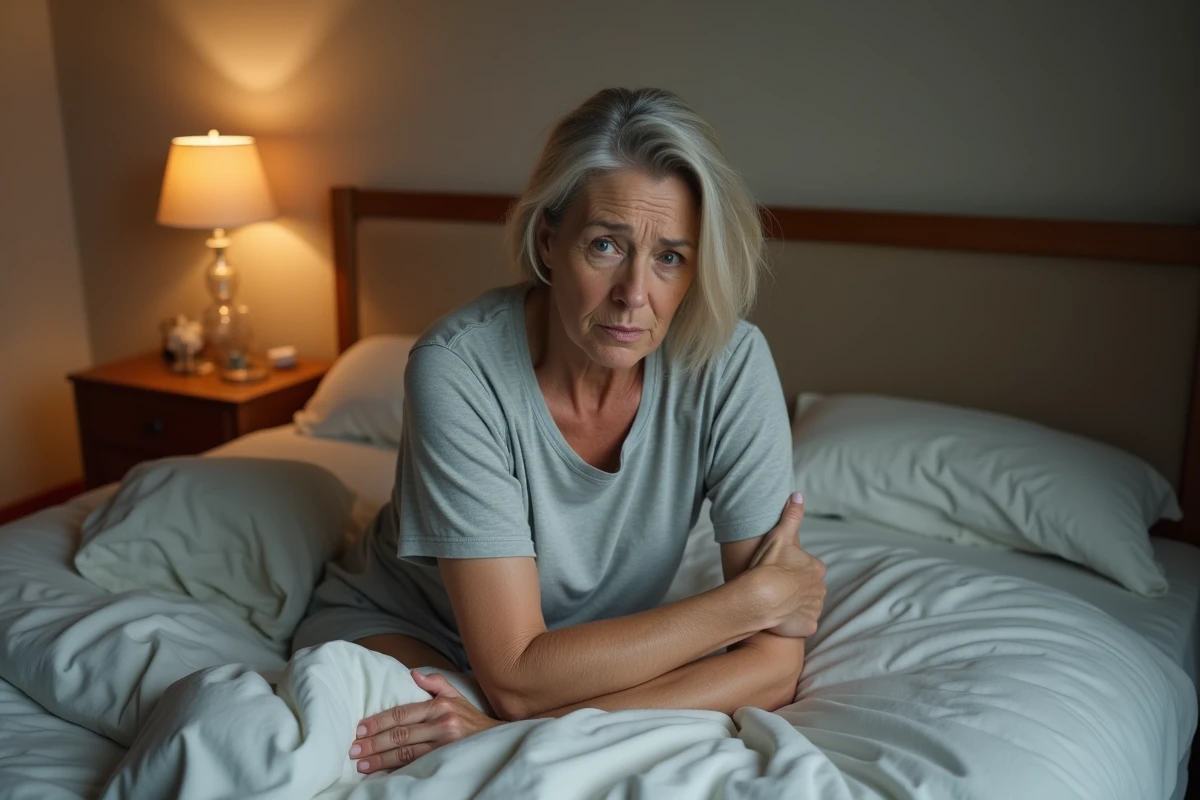 Femme d'âge mûr assise dans son lit la nuit, se frottant le bras en raison de fourmillements ou d'engourdissement nocturne