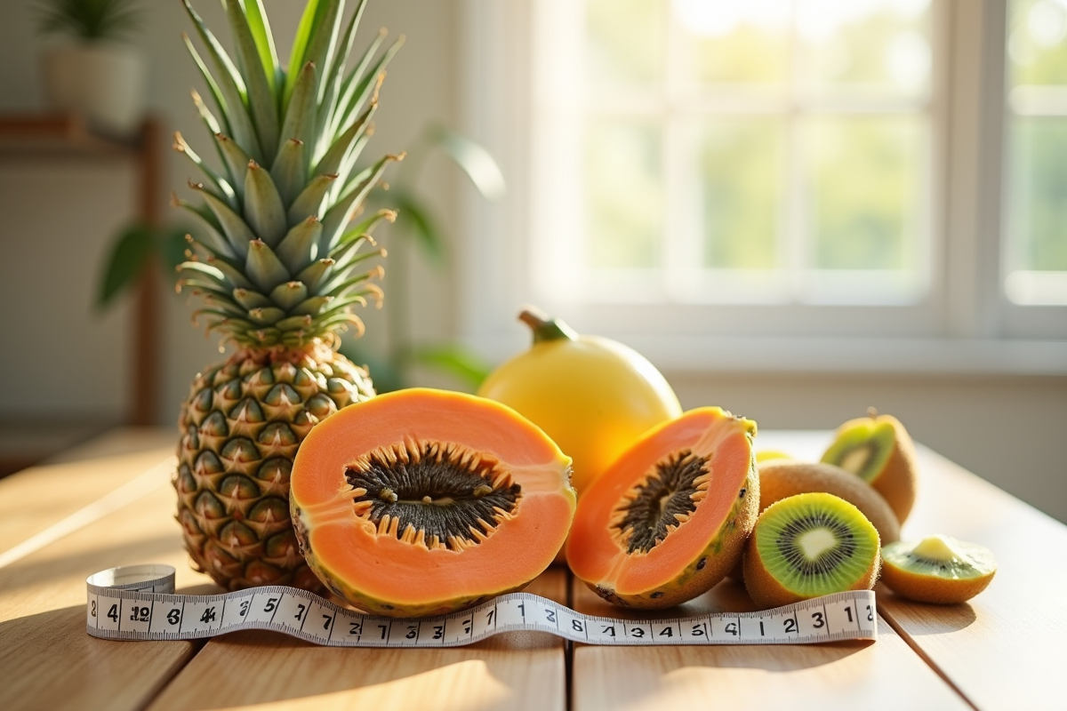 Assortiment de fruits avec ruban de mesure sur table