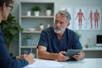 Kinésithérapeute en consultation dans son cabinet de soins