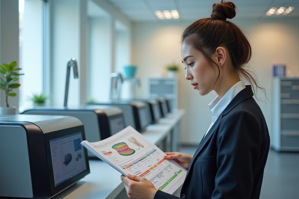 Jeune femme gestionnaire de laboratoire regardant un catalogue d équipements
