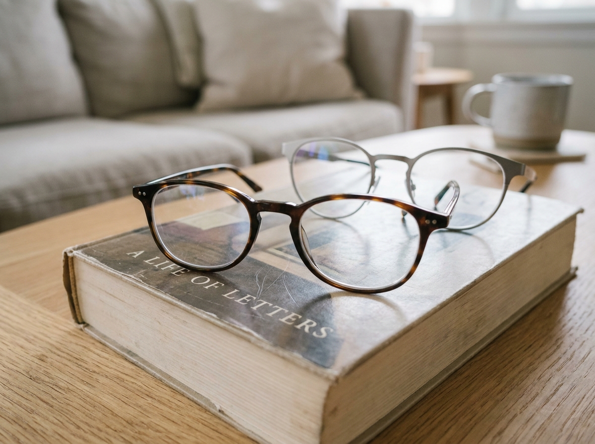 Gros plan sur deux paires de lunettes de qualité Optique des Fêtes posées sur un livre, détail des verres et montures